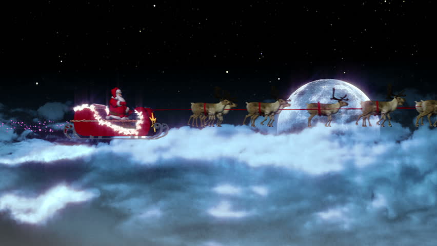 Santa and his Reindeer with Moon side view with zoom