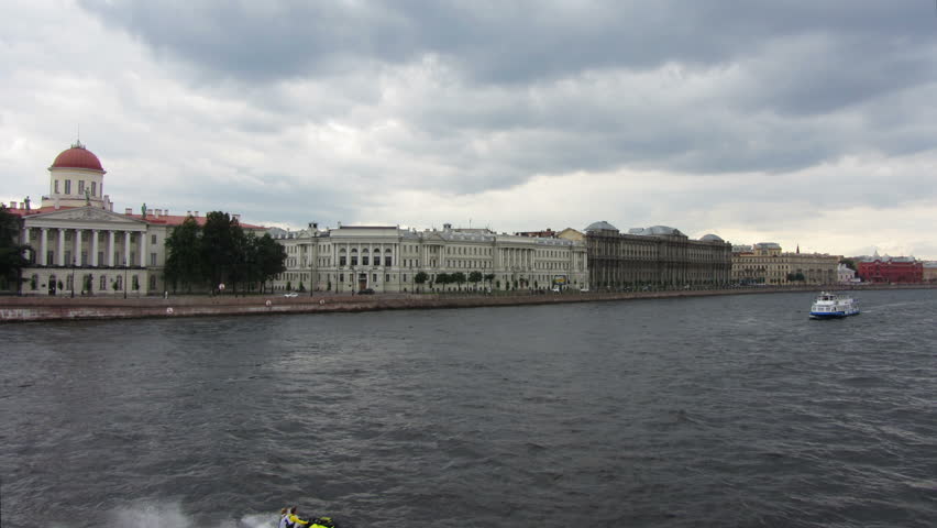 timelapse with boats on Neva river in St. Petersburg Russia