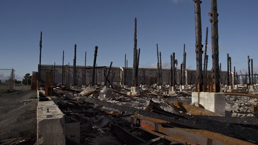 View of charred remains of a building after a catastrophic fire