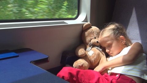 Child, Tourist Traveling by Train, Girl Sleeping with Teddy Bear Toy, Children