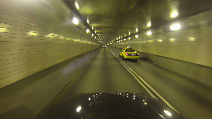 High-angle perspective of driving inside the Fort Pitt Tunnels in Pittsburgh,