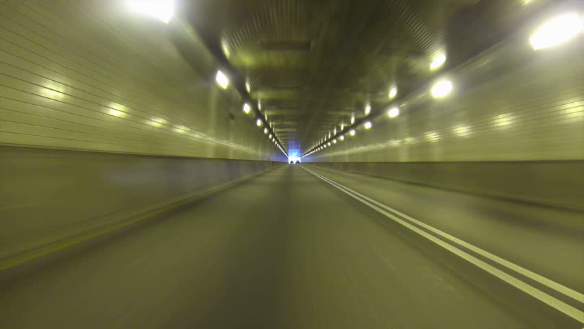 Low-angle perspective of exiting the Fort Pitt Tunnels in Pittsburgh,