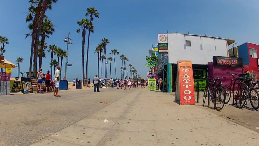 VENICE BEACH, CA/USA: July 18, 2013- The camera rolls down the boardwalk past a