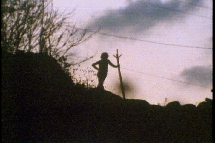 WS silhouette of boy with walking stick atop a hill at sunset in Central Mexico.