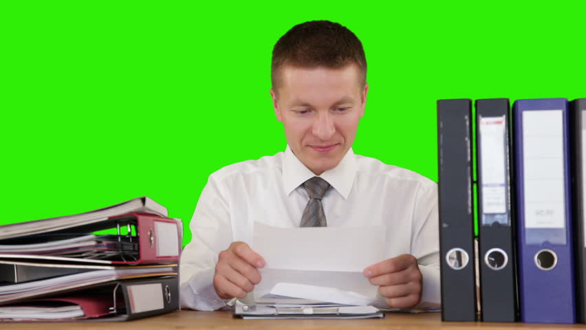 Young Businessman getting fired through a letter, Green Screen