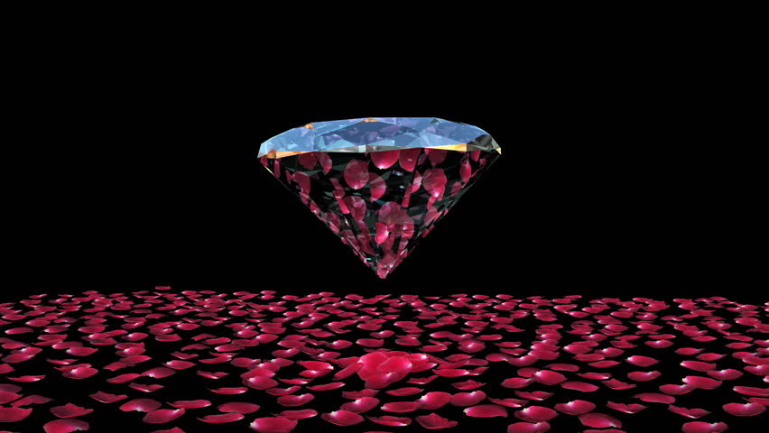 Diamond attracting rose petals, camera rotating, against black