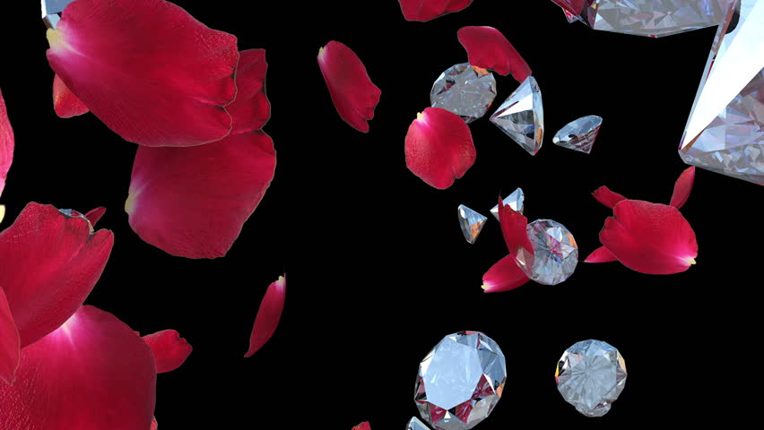 Rose petals and Diamonds Flying against black