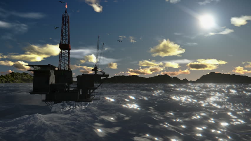 Oil Rig in ocean and seagulls flying, timelapse clouds