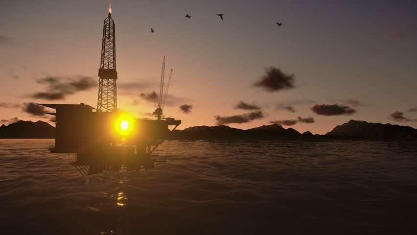 Oil Rig in water surrounded by mountains, sunset timelapse