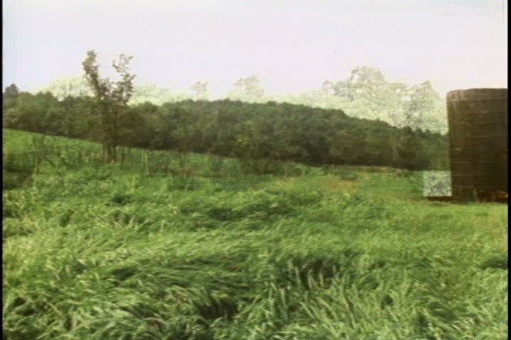 WS camera pans left over green grassy field to an old barn and silo in Minnesota.