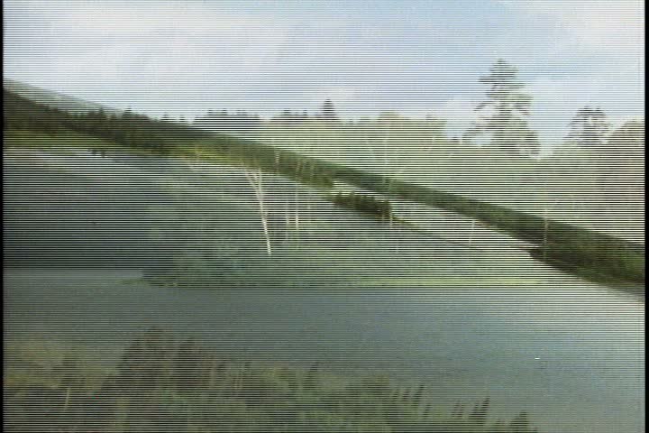 WS green trees lining the shores of a still river in Minnesota. Camera pans right and rack focuses to vivid green caterpillar on twig in foreground.