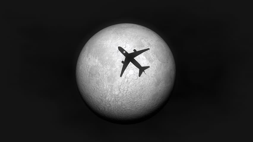 Airplane fly by moon.