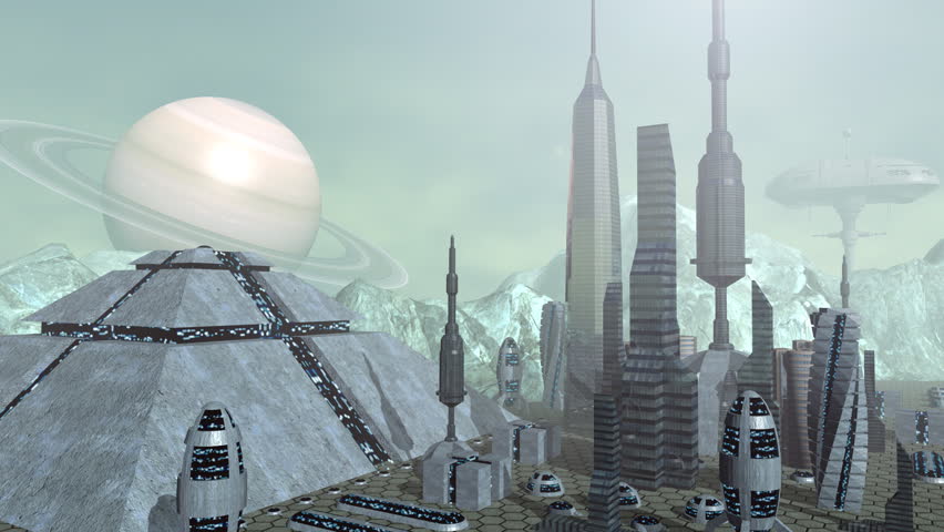 Animation of futuristic spaceships above pyramid city