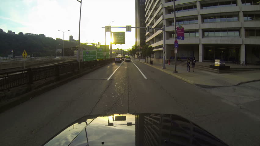 A high-angle perspective of driving on the Fort Pitt Boulevard leaving downtown