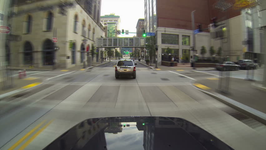 A high-angle time lapse drive out of downtown Pittsburgh, Pennsylvania.