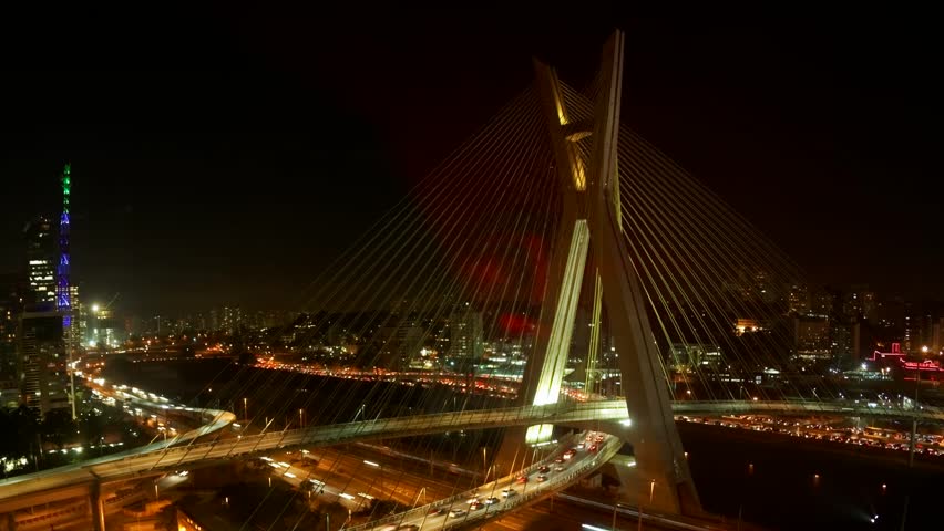 The Octavio Frias de Oliveira bridge or Ponte Estaiada cable stayed suspension bridge built over the Pinheiros River in the city of Sao Paulo, Brazil
 Royalty-Free Stock Footage #4384820