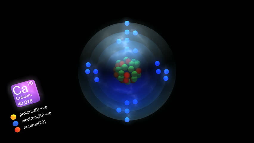 Calcium atom, with element's symbol, number, mass and element type color.