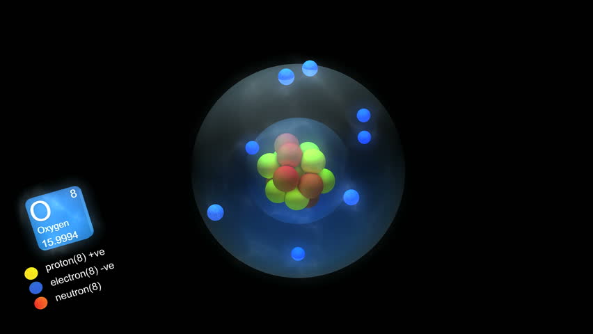 Oxygen atom, with element's symbol, number, mass and element type color.