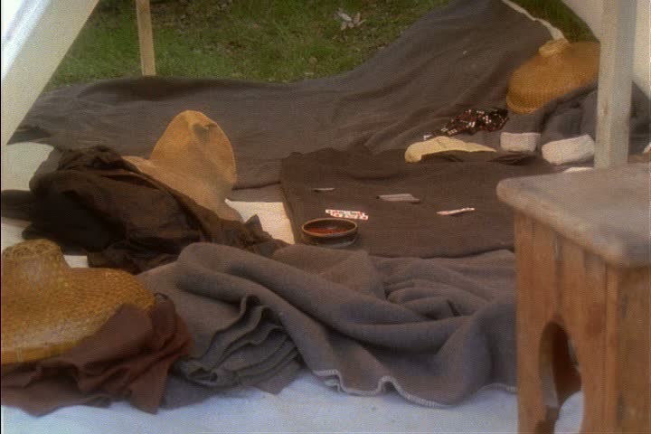 Re-creation of Chinese railroad workers camp in Auburn, California; MS personal belongings inside tent.