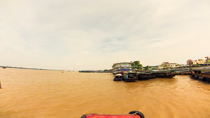 crossing Mekong river on a Boat. Vietnam. Timelapse