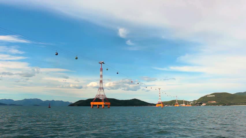 Cable car Vinpearl, Vietnam. View from a moving boat. This giant cable car is