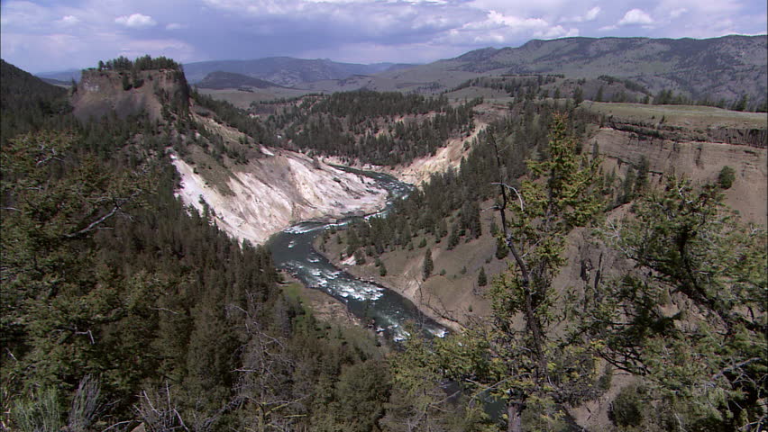Scenic view of river snaking through green canyon in Yellowstone National Park,