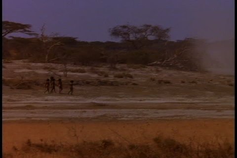 Historical reenactment in East Africa. Group of early humans, or Homo erectus, walking across dusty plain.