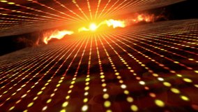 Abstract motion background in gold colors, shining lights, energy waves  and sparkling  particles, seamless looping.