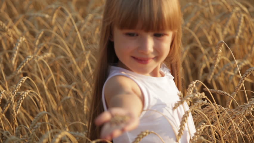 Lovely little girl standing in wheat holding grain in her hand and smiling