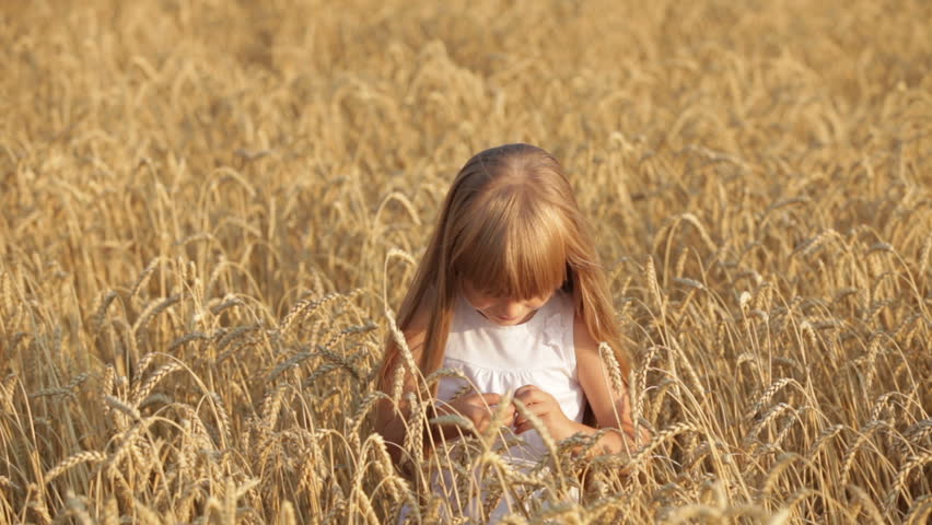 Funny little girl standing in wheat smiling and waving both her hands at camera