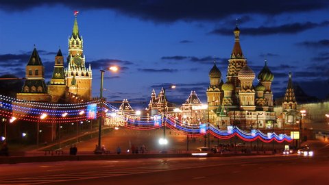 Moscow, Red Square, Kremlin and St. Basil ( Resurrection) Cathedral. Night view, time-lapse.