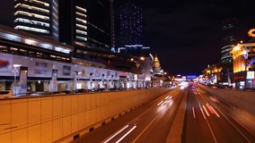Night city traffic, time-lapse.