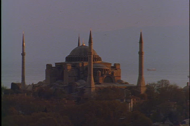 Hagia Sophia at dusk with the Bosphorus River behind in Istanbul, Turkey.