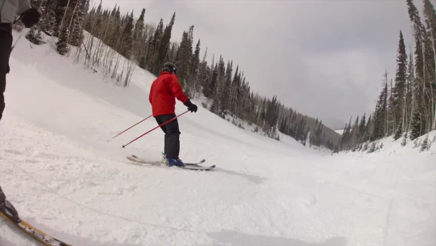 Slow Motion shot of skiing at a beautiful mountain resort after a fresh snowfall