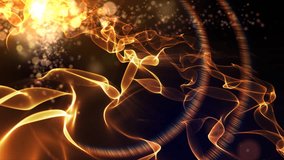 Abstract motion background in gold colors, shining lights, energy waves  and sparkling  particles, seamless looping.
