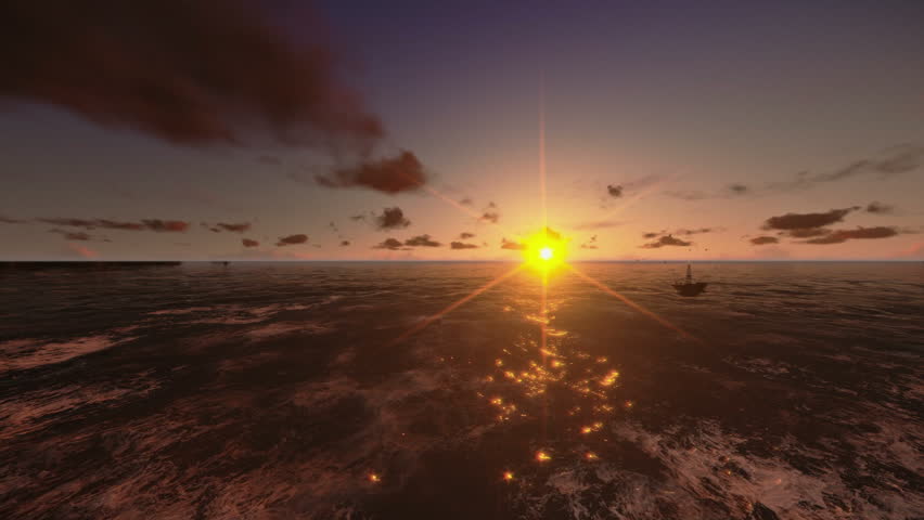 Oil Rig in ocean, flight across, timelapse sunrise
