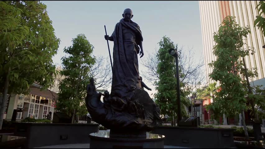 Riverside, California - August, 2011 -  Wide shot of Gandhi Statue at Main Street Pedestrian Mall.