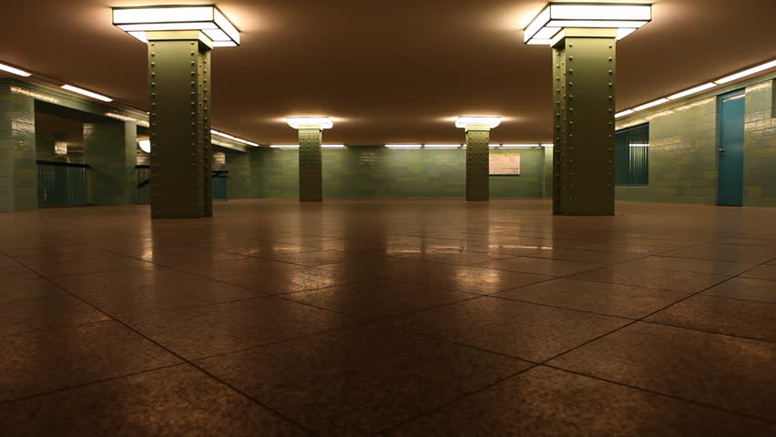 Illuminated entrance hall of Alexanderplatz subway station, Berlin with the