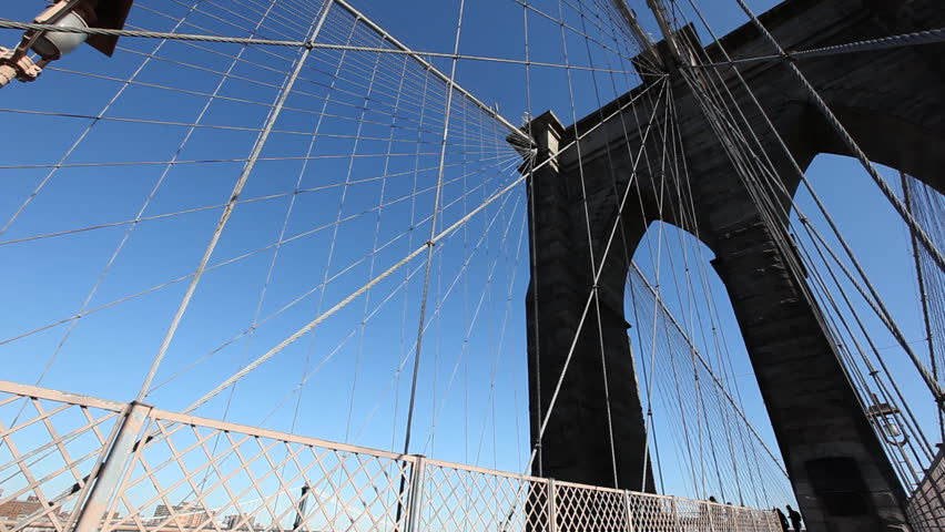 Pan over steel cable construction of Brooklyn bridge / HD1080 / 29.97fps