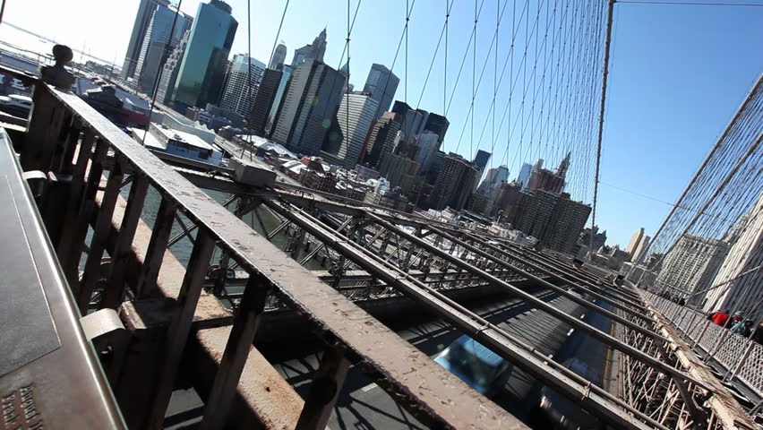 Pan over the Brooklyn bridge in front of New York City skyline / HD1080 /