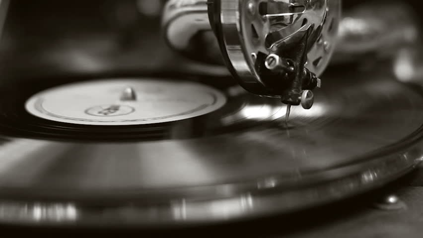 Black and white old movie retro gramophone. Vintage turntable big needle, vinyl Royalty-Free Stock Footage #4421585