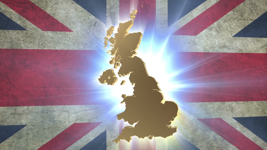 Map of United Kingdom with animated Union Jack on background\