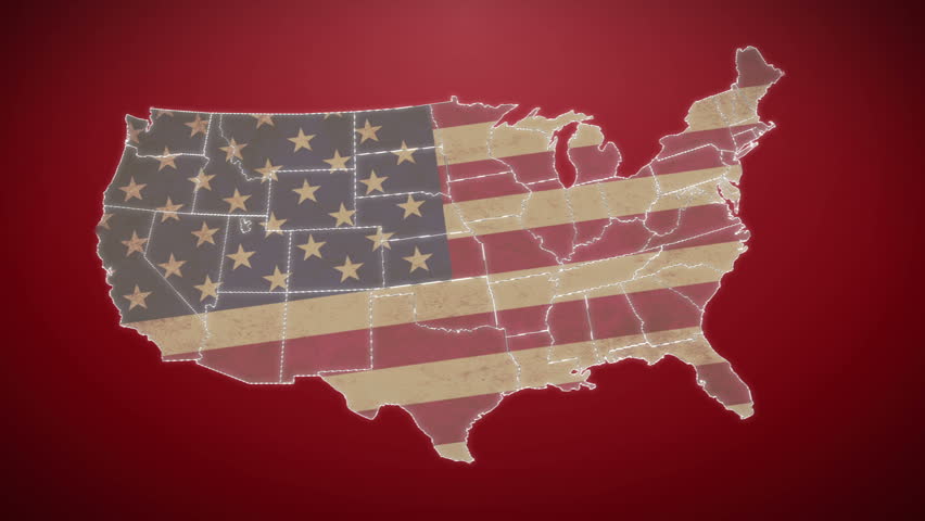 Separated United States map with US flag, red background