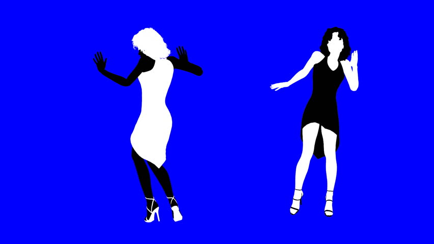 Silhouettes of two dancing girls. HD 1080p loop on a 100% background. 