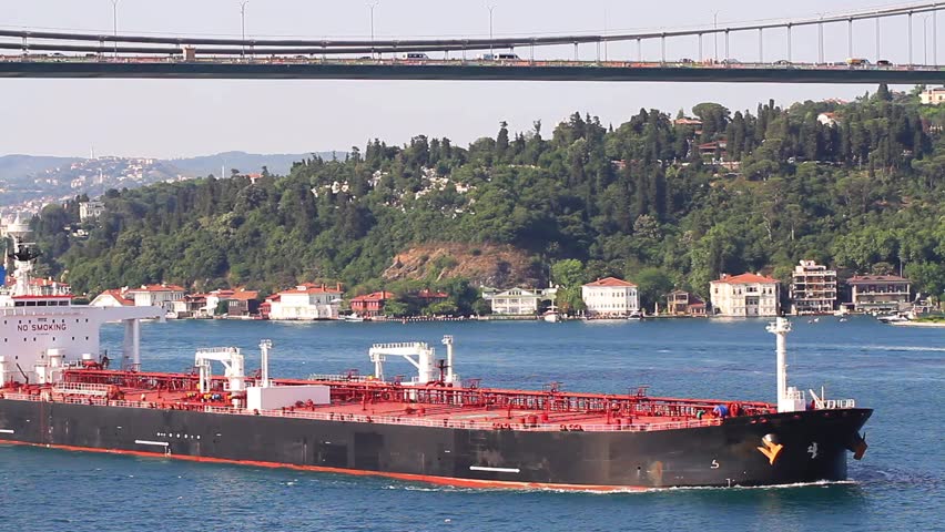Crude oil tanker. Super tanker ship full of oil, sailing along the Bosporus
