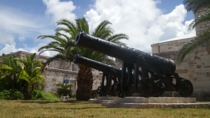 Two black antique cannons in the British Navel Dockyard in Bermuda.