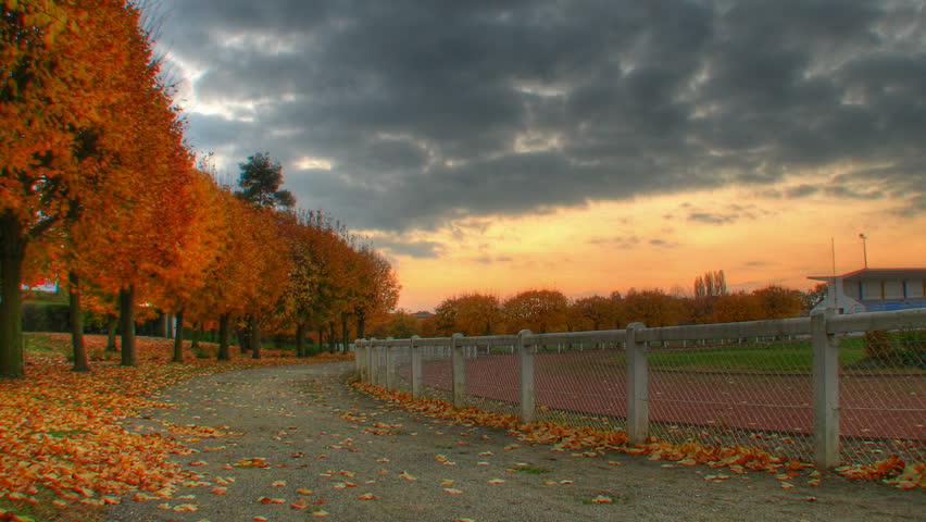 Autumn sunset over trees at stadium, HD motorized time lapse clip, high dynamic