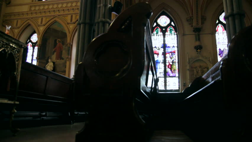Interior dolly of old church pews.