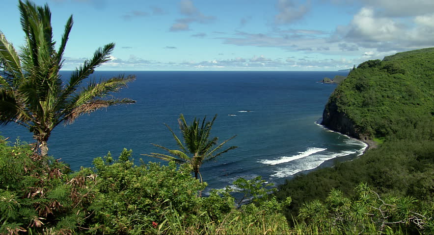 Beautiful vista of a forest covered mountain and the ocean in Hawaii 