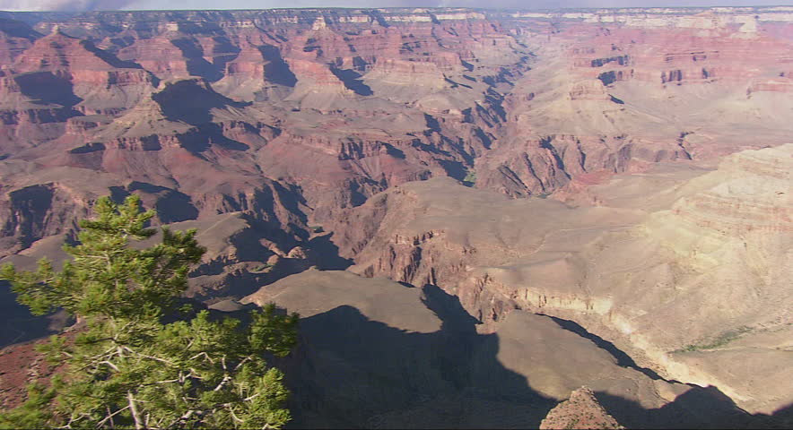 Vast sweeping vista of the Grand Canyon in Arizona with green trees